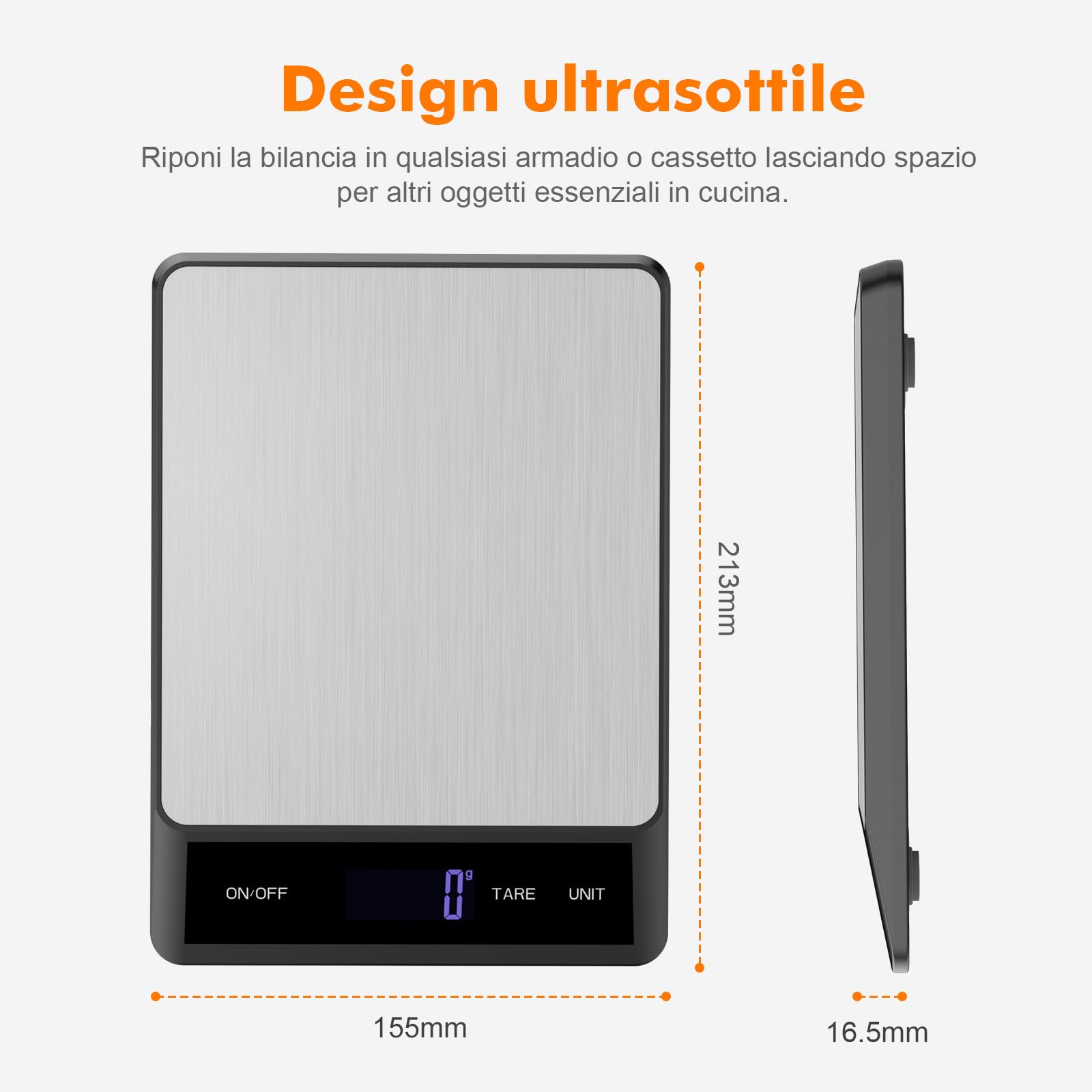 GRIFEMA GA2008-1, Bilancia da cucina ricaricabile, Bilancia multifunzione per alimenti in acciaio inossidabile, 5 kg/11 lb