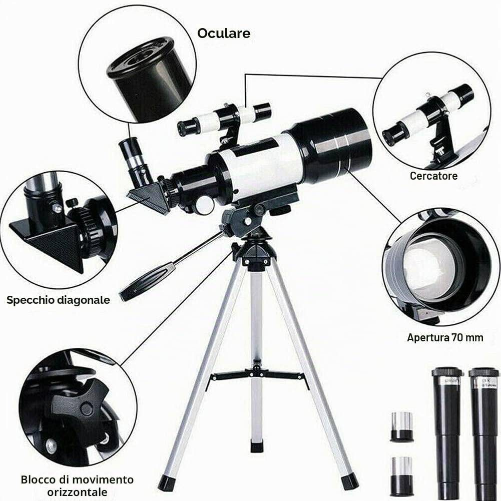 Telescopio per astronomia adulti bambini principianti, telescopio rifrattore astronomico 150X, telescopio 300 x 70 mm con adattatore treppiede per smartphone