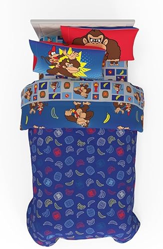 Miniatura 2 de Franco - Collectibles - Ropa de cama de Donkey Kong de Nintendo - Juego de 5 piezas con edredón reversible y sábanas supersuaves, con funda