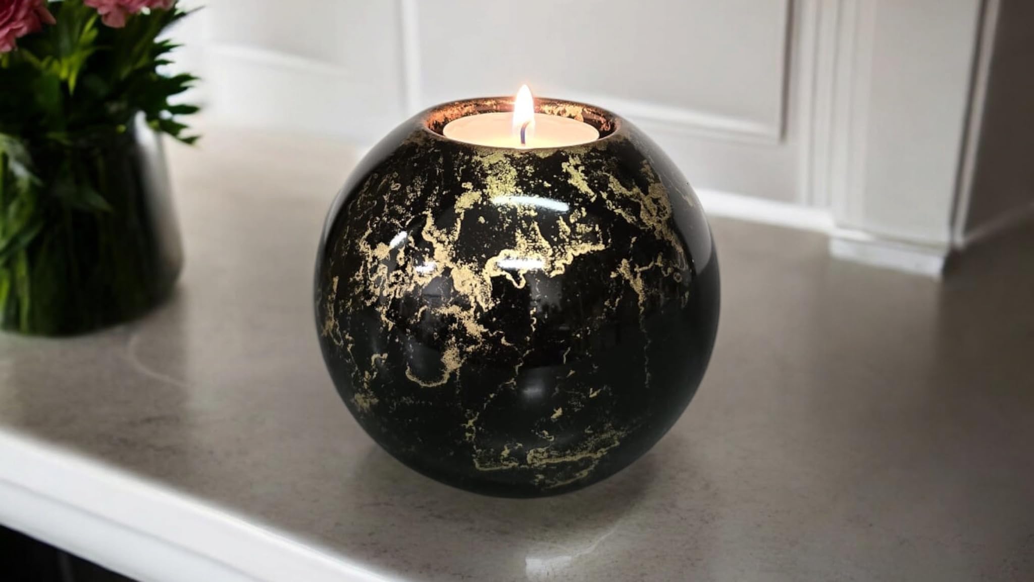 Urna per ceneri in vetro con portacandela - urna elegante per cane e gatto - 500 ml - nero oro
