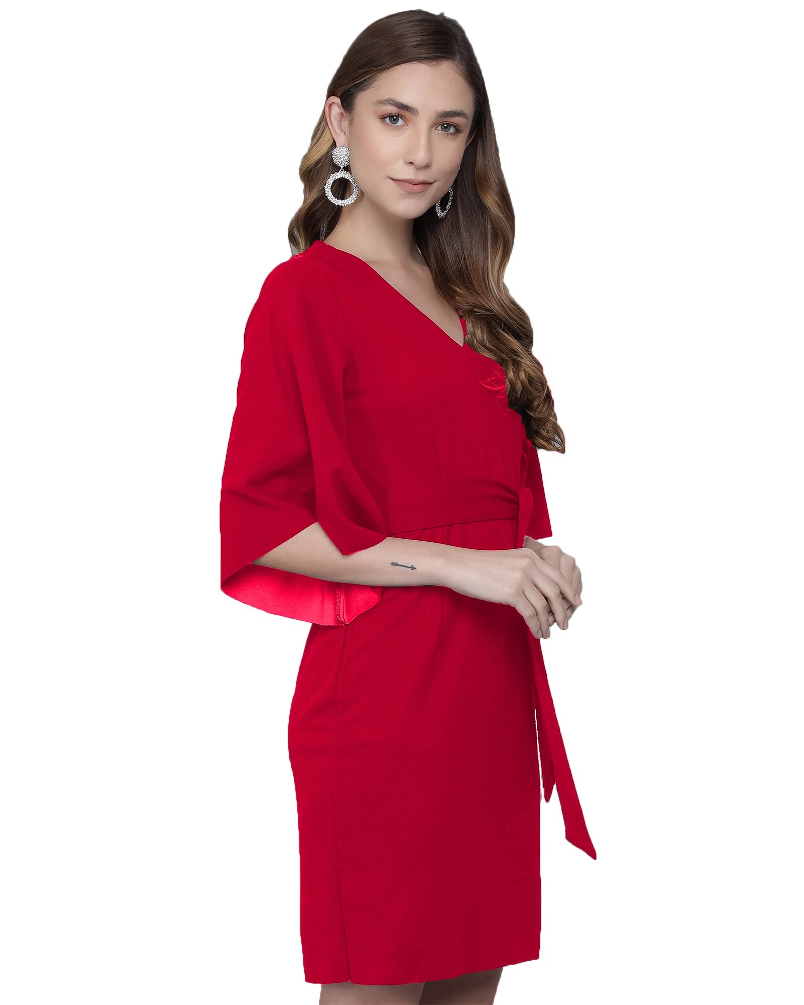 Addyvero V-Neck 3/4 Sleeve Cotton Blend Solid Bodycon Knee-Length Women Dress (Red, Xl)