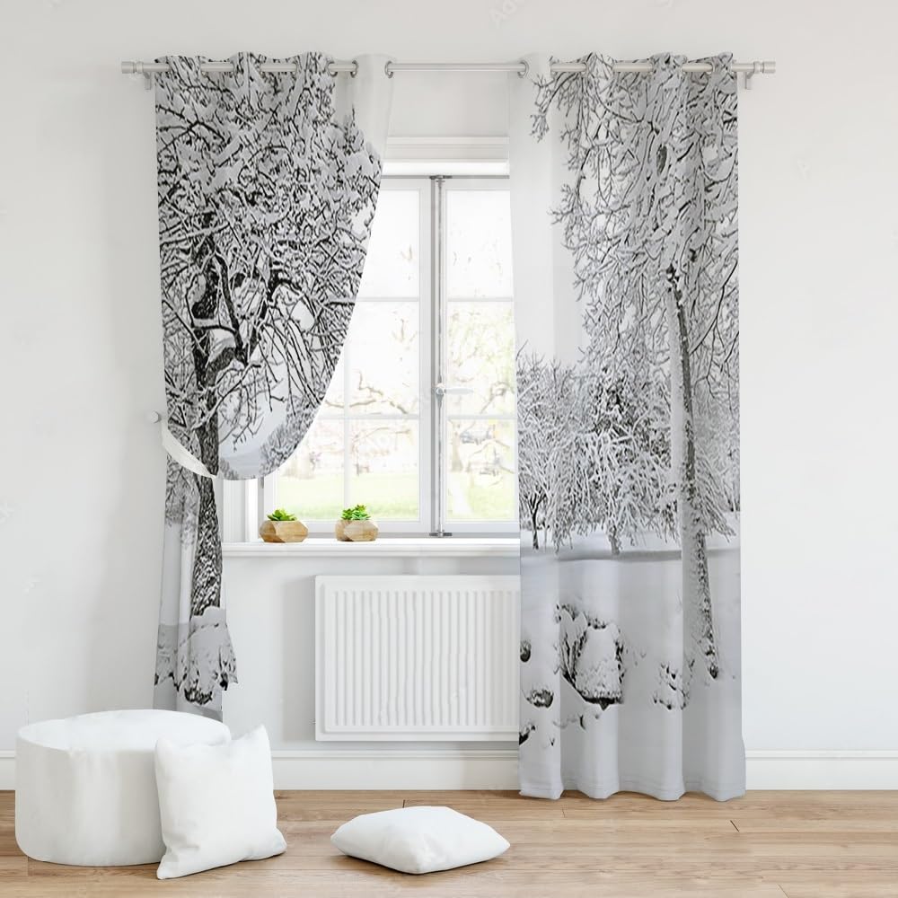 Gardinen Weiß, Vorhänge Waldmotiv Weihnachten Schneeflocke Landschaft Thermogardinen Blickdicht mit Ösen Verdunklungsvorhänge für Wohnzimmer Schlafzimmer Kinderzimmer, 2er Set, 140Bx225Hcm
