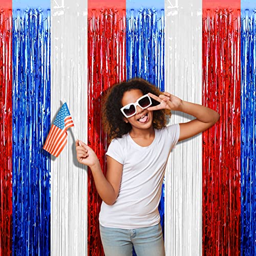 Image of 4 Pack 3.2Ft x 8.2Ft Independence Day Foil Fringe Curtain Backdrop, Red Blue White Metallic Tinsel Foil Fringe Streamers Curtains Background for Photo Booth, Birthday, Wedding, Party Decoration