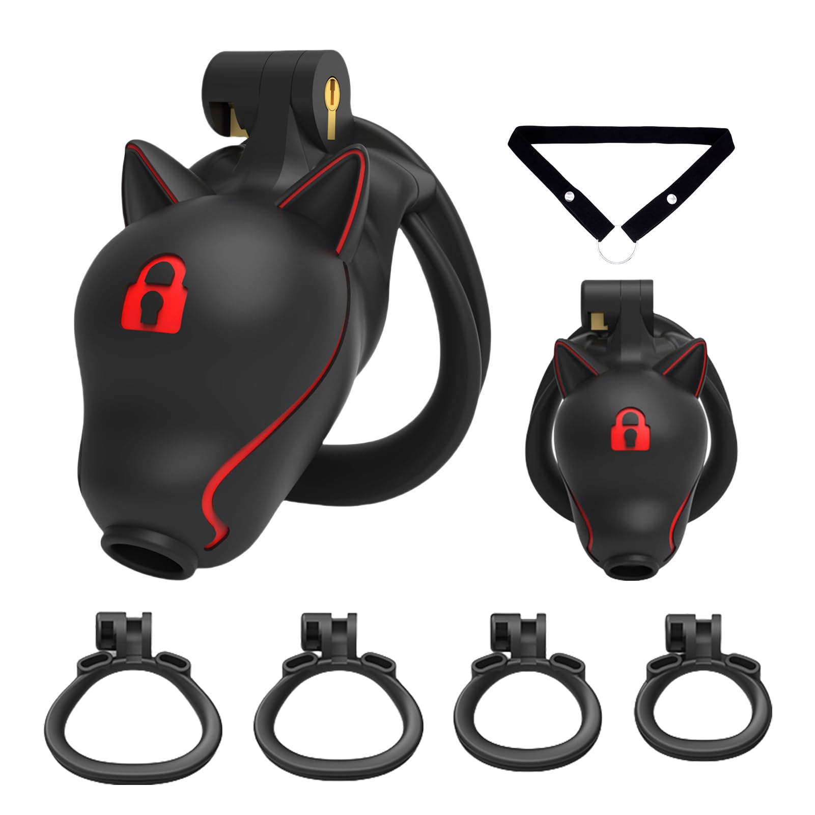 3D resina cabeza de perro jaula de pene BDSM juguete sexual con 4 anillos de polla y 2 llaves, jaula de castidad fetiche conjunto para el pene bondage invertida jaula de castidad (Black,Style-Lock)