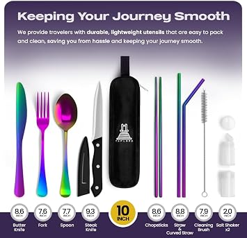 Taplord Portable Travel Silverware Set With Case, Includes 10 Pcs of Travel Utensils With Case, Stainless Steel Flatware Set For Camping, Lightweight (Multi-Color)