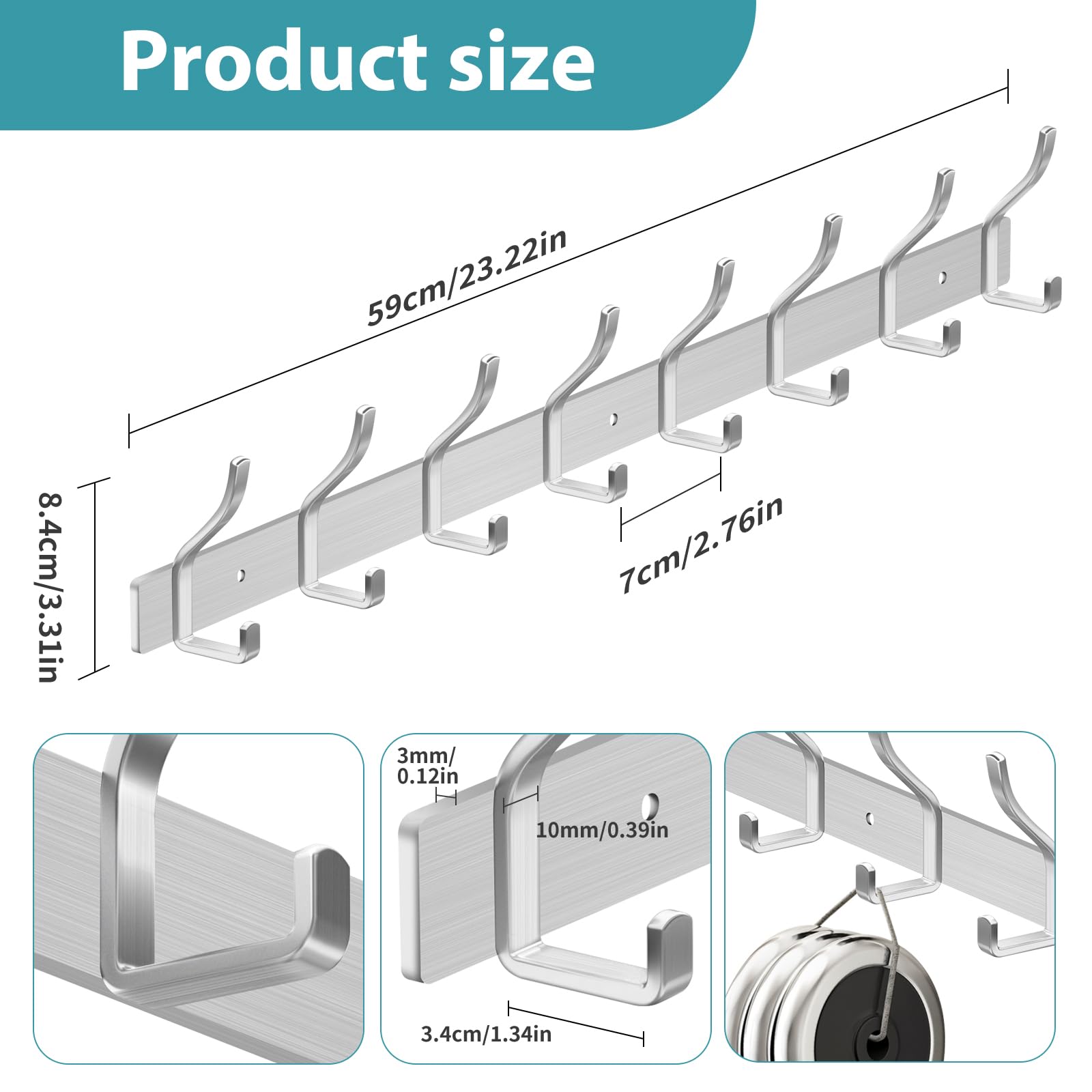 Perchero Pared Ganchos de Perchero Colgador Ropa Pared con 4 Ganchos Perchas de Acero Inoxidable Montaje en Pared para Dormitorio Baño y Cocina (Plata, 8 gancho 2pcs)