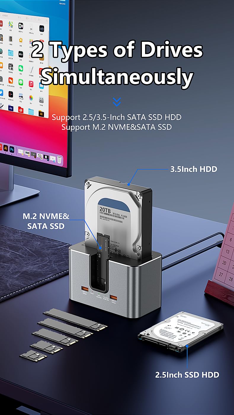 Station d'accueil pour Disque Dur, Station d'accueil USB 3.2 10 Gbps, boîtier SSD Externe en Aluminium à Double Baie USB C pour lecteurs M.2 NVMe/SATA et SSD/HDD SATA 2,5''/3,5''