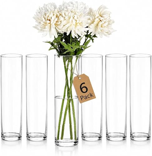 Clear Cylinder Vases, 6 Pack 16" Hurricane Floating Candle Holders, Cylinder vase for Wedding Centerpiece, 4" Diameter Opening.