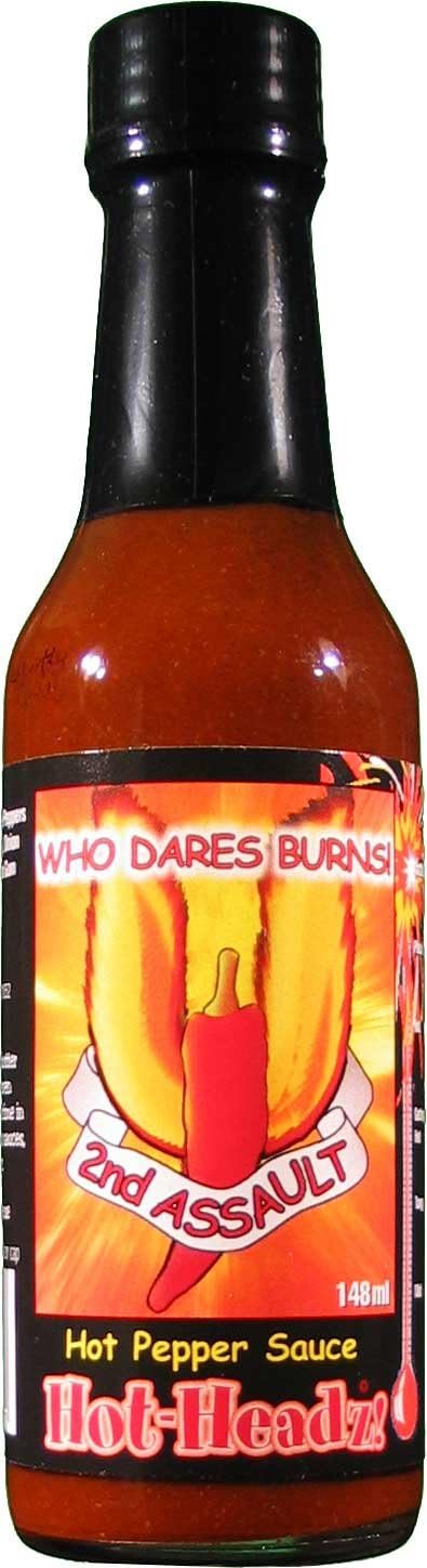 Hot Headz! Who Dares Burns The 2nd Assault Hot Pepper Sauce (148ml) Chipotle, Habanero, Jalapeno Chilli Sauce. Hot Sauce for Seasoning, Extra Flavour, Dipping. Great Gift for Hot Sauce Lovers.(148ml)