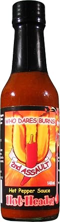 Hot Headz! Who Dares Burns The 2nd Assault Hot Pepper Sauce 148ml Chipotle, Habanero, Jalapeno Chilli Sauce. Hot Sauce for Seasoning, Extra Flavour, Dipping. Great Gift for Hot Sauce Lovers.148ml