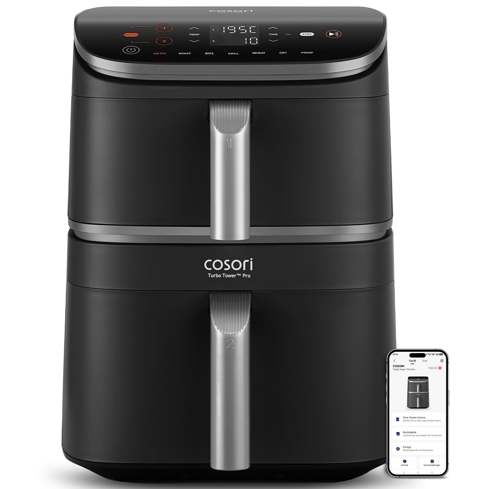 Cosori Turbo Tower Pro Smart Friggitrice ad Aria 10,8 Litri, Con WIFI | Doppio Cestello, Doppia Resistenza, 7 Funzioni, 30-230°C, 2630W, Rivestimento Ceramico No PFAS, Con Griglia, CAF-DC113
