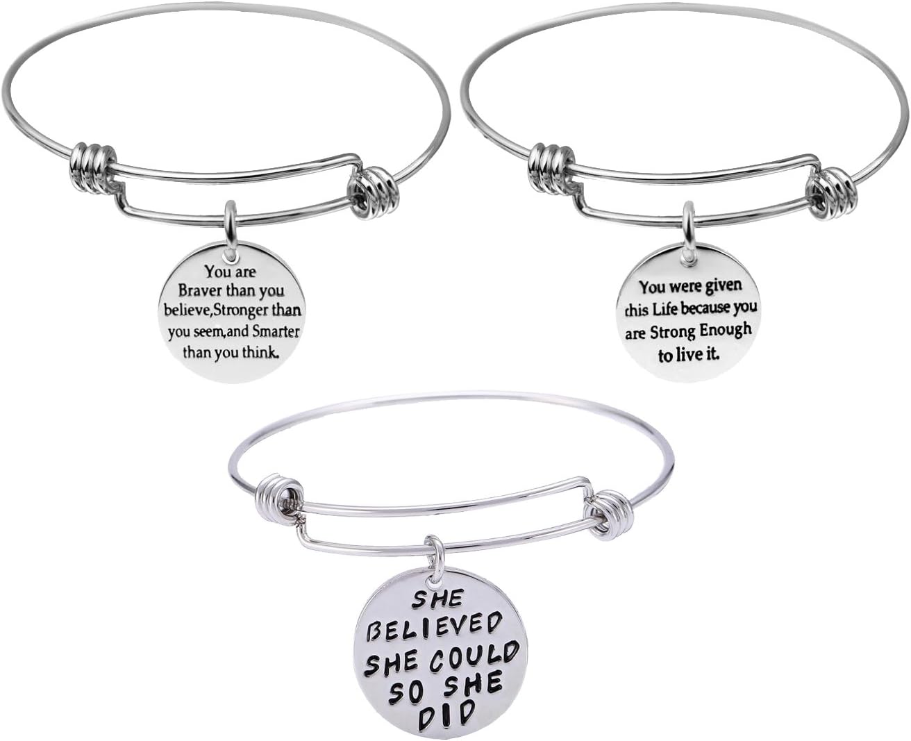 AleapDoll 3-Pack Inspirational Bangles Bracelets Gifts Set for Women Girls Stainless Steel Motivational Engraved Message Words Bracelets Adjustable