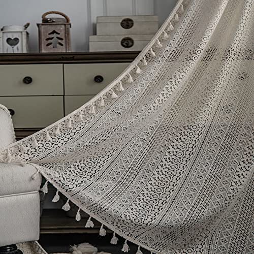 Bhusb Farmhouse Crochet Knitting Curtains Tassels 84 Inches Long,Rod Pocket Bohemian Cotton Lace Window Drapes For Bedroom Living Room Decoration,2 Panels,52 X 84 Inches #TOP6