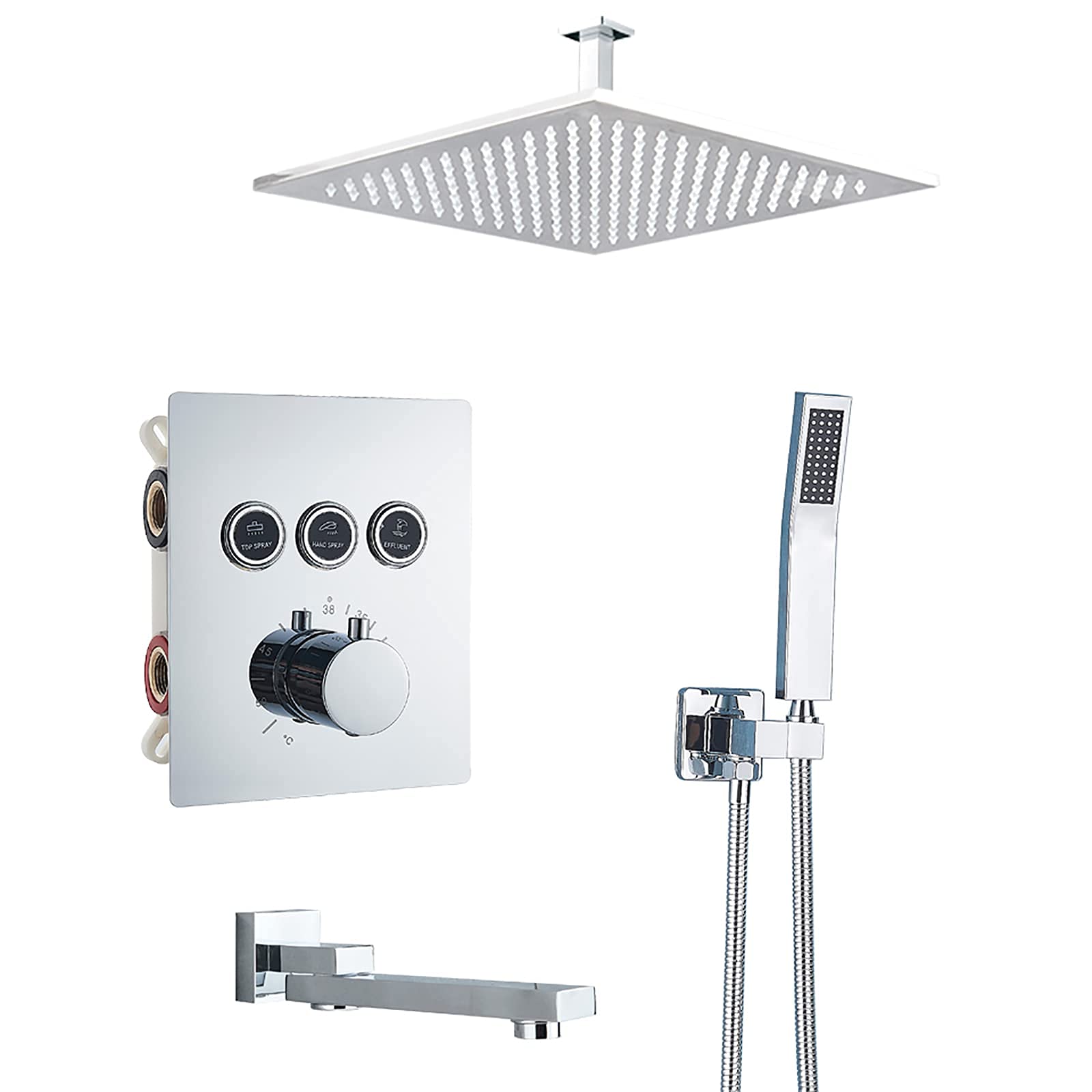 Système de douche thermostatique chromé avec bec de baignoire et pommeau carré