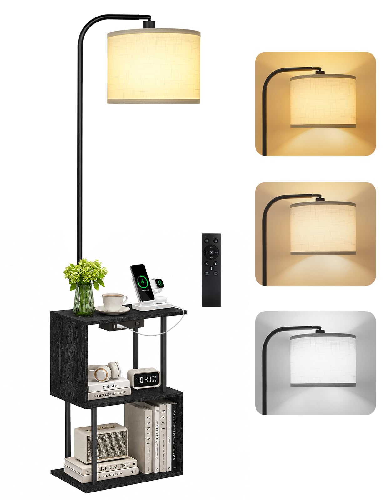 OUTONLIFE Dimmable Floor Lamp with Shelves & Charging Station, S-Shaped Side End Table with Remote, 3 Color Temperatures, 2 USB Ports, 1-Hour Timer, 12W LED Bulb, for Bedroom Living Room Office(Black)