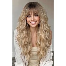 AISI HAIRBeginner Friendly Wigs Ombre Highlights Beige Blonde Wig with Bangs Long Wavy Synthetic Wig for Women Breathable and Adjustable with Daily Party Use