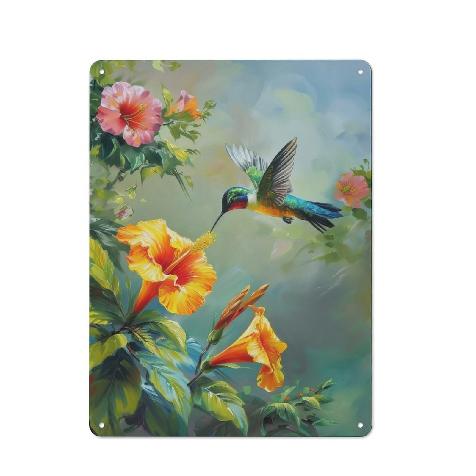 Hummingbird And Flowers Warehouse Style Metal Wall Decor 40x30cm, Tin Wall Sign for Modern Home, Workshop, Office Or Cafe