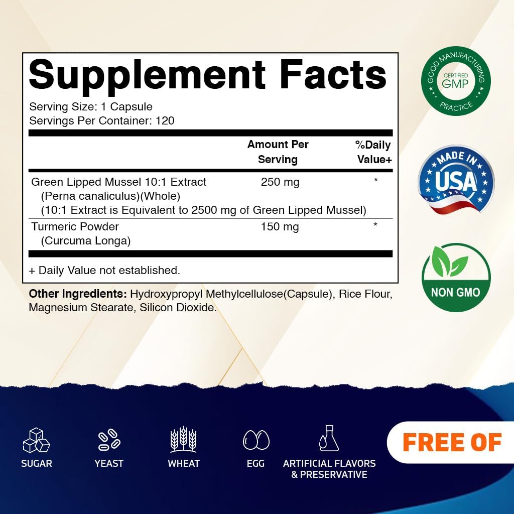 Vitamatic Green Lipped Mussel 2500 mg Equivalent with Turmeric 120 Veg Capsules | Formulated by Healthcare Professionals | Non-GMO & Gluten Free - Image 2