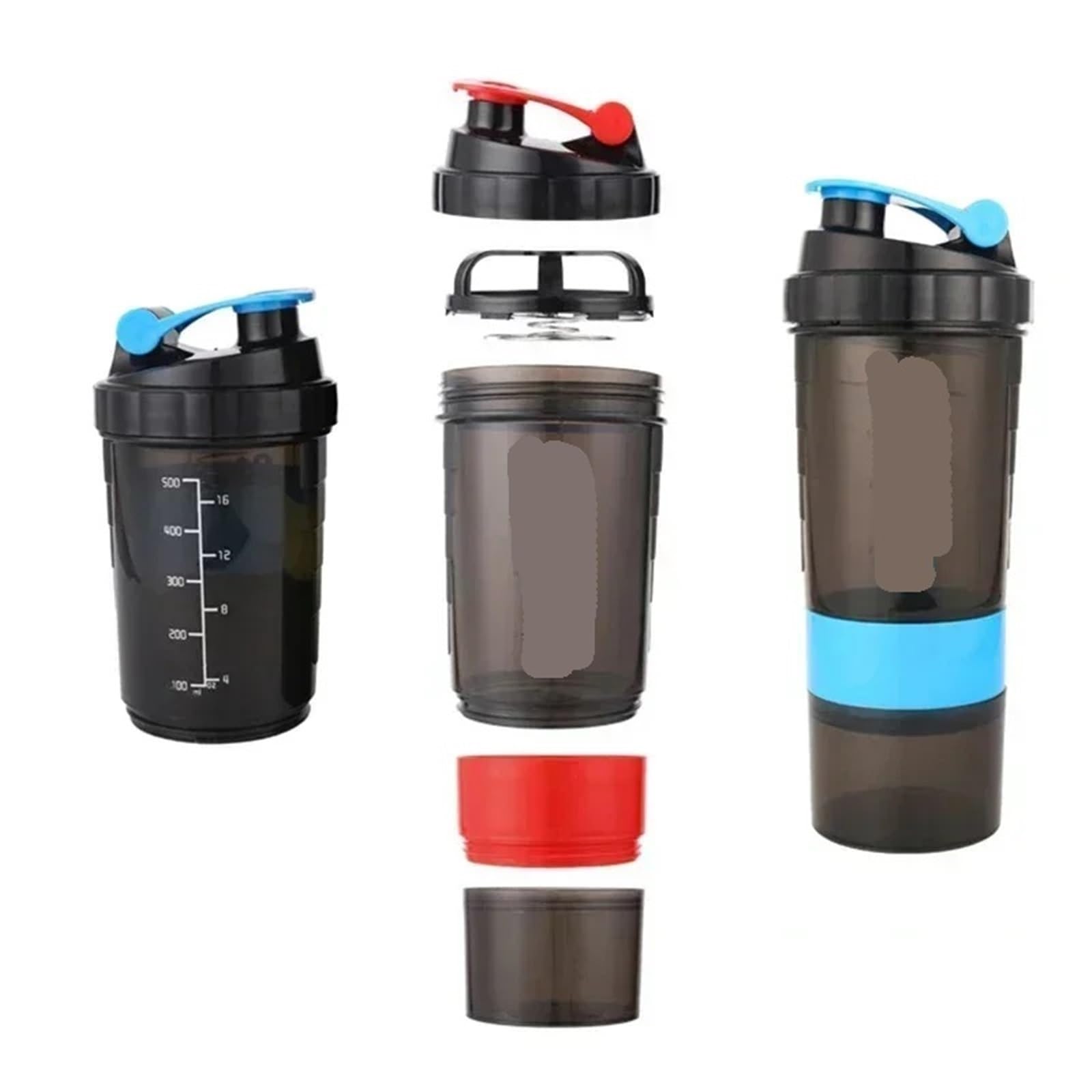 3-lagige Shaker-Flasche zum Mischen von Proteinen, Shake-Becher, Sport, Fitness, wasserskalierte Kunststoffflaschen mit Medikamentenbox (schwarz)