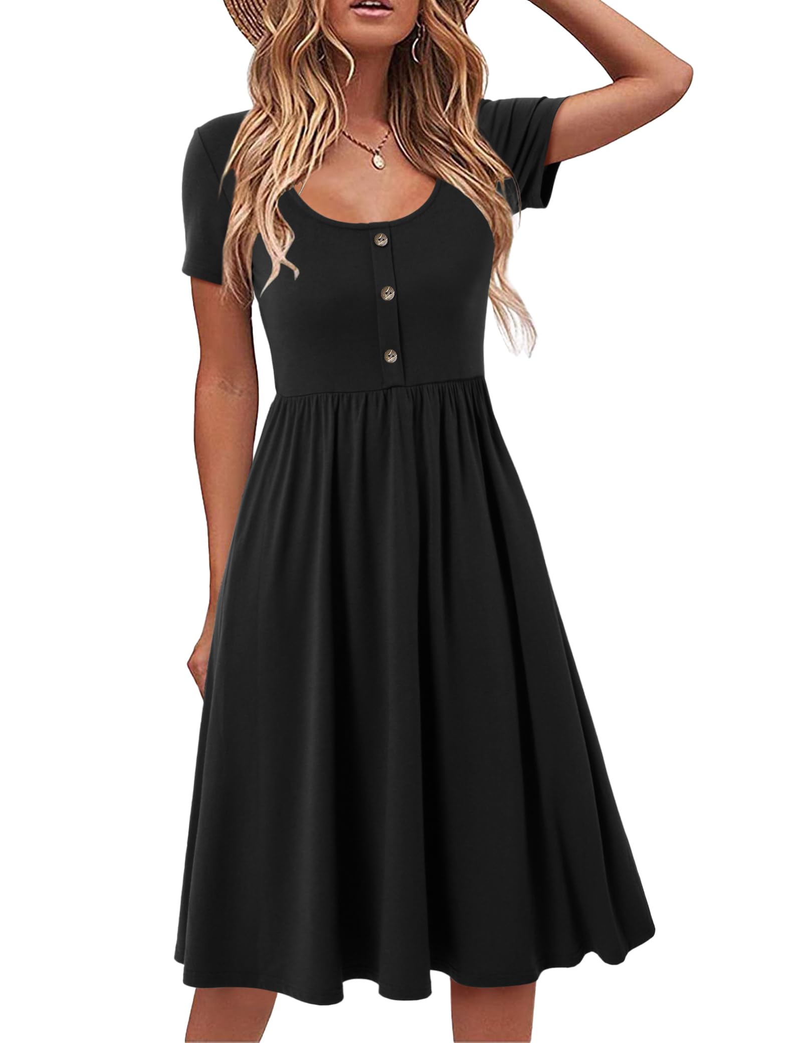 Beluring Damen Kleider Sommer Kurzarm Midikleid Rundhals A-Linie Freizeitkleid Elegant Tunika Kleid Schwarz XL