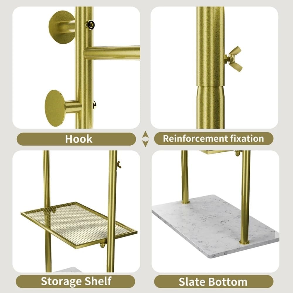Standing Coat Hanger Metal Gold Coat Rack Entryway Corner Stand Hat Hanger With Marble Base For Clothes, Hats, Handbags