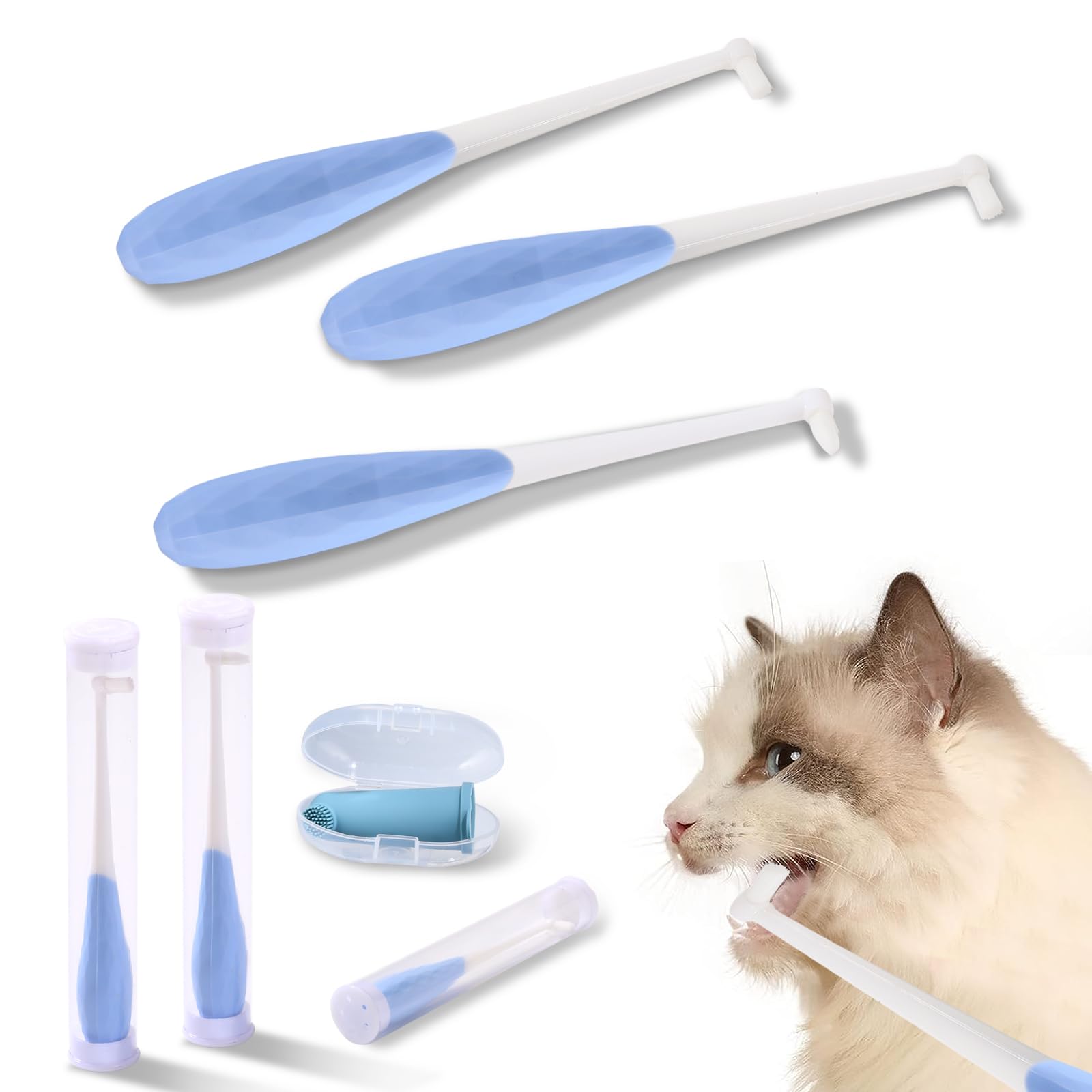 Pawsitive VibesCat Toothbrush, Super Mini Brush Head for cat-Finger Toothbrush for Cats, Cat Tooth Brushing Kit, Mini Head, Deep Cleaning, Gentle Bristles for Gum Care-Blue