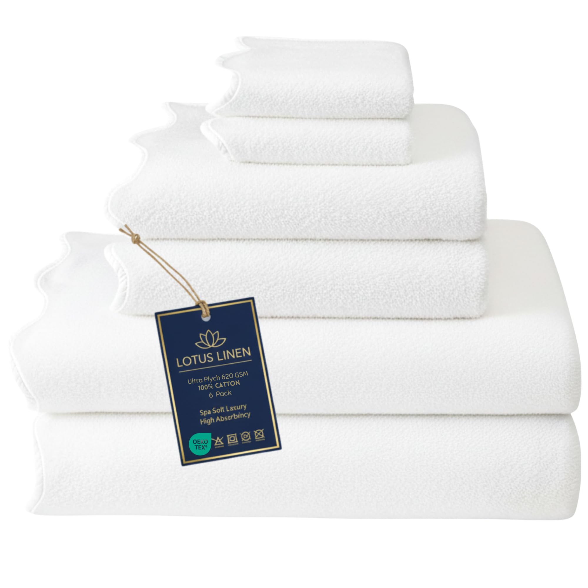 Lotus Linen Luxury Scallop Piping Towel Set of 6, 620 GSM 100% Zero Twist Cotton, 2 Bath, 2 Hand Towels, 2 Washcloths, Hanging Loops, Ultra Soft