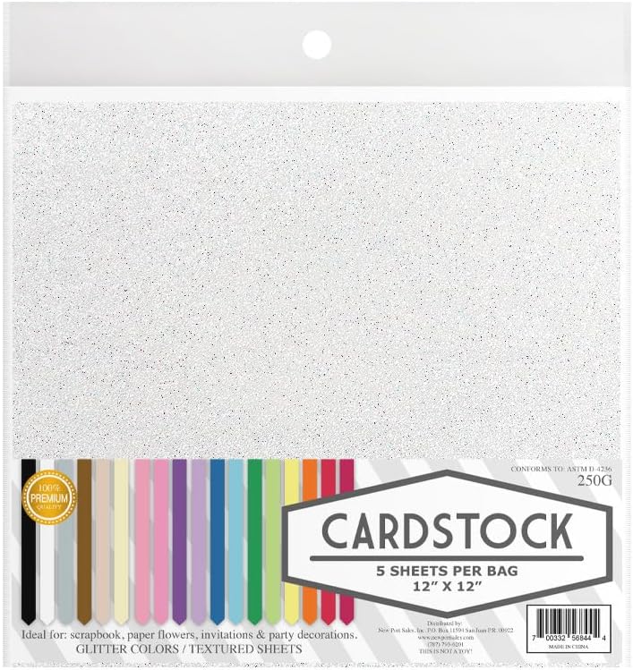 Irdecent Glitter - Cartulina para manualidades, 13 opciones de color, 8.82 oz. 12 x 12 pulgadas, 5 hojas premium (blanco)