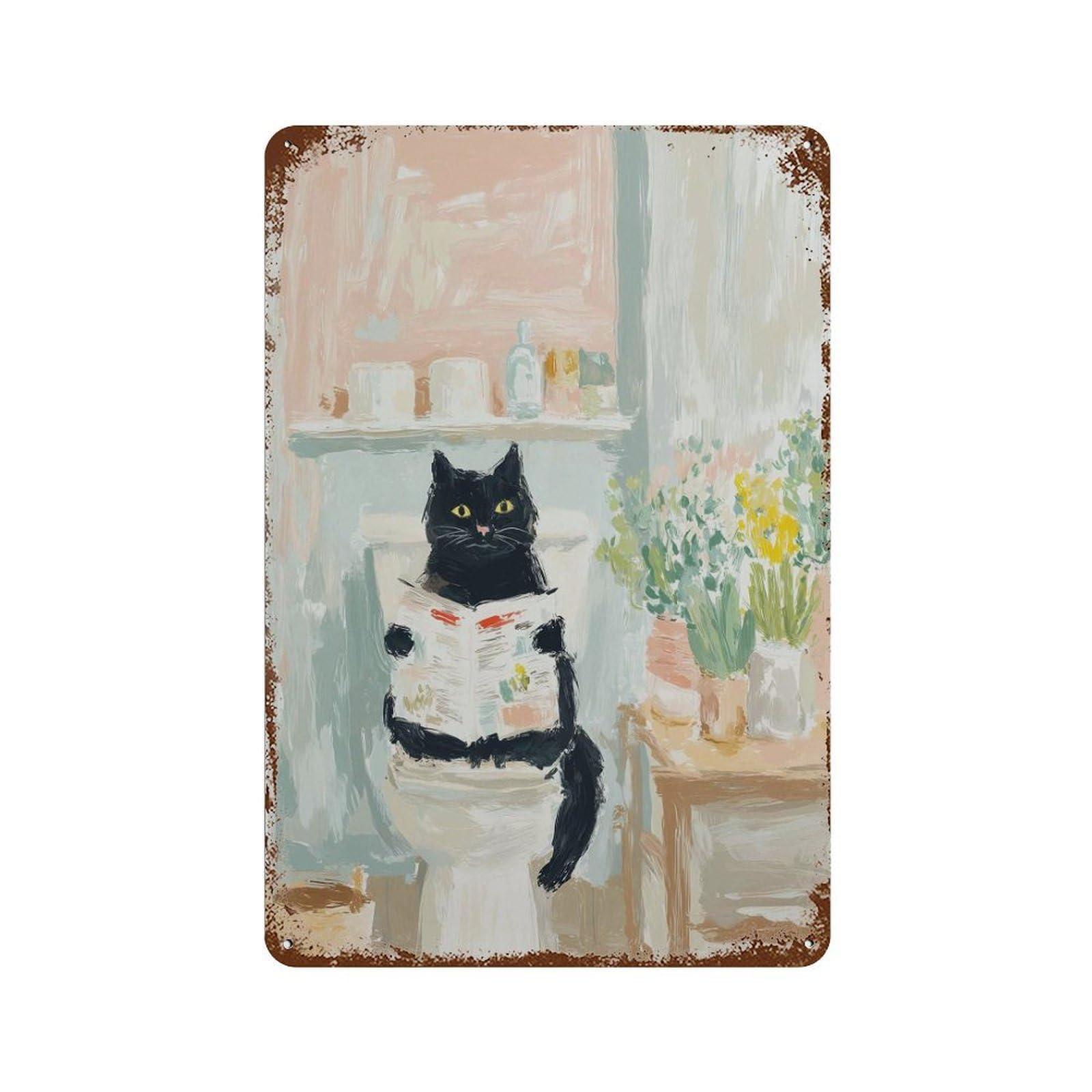 xiaoxiaoshen Funny Cat Black Whimsical Bathroom Reading Work Quirky Animal Home Playful Lover Wall Decor Art Metal Tin Poster Modern Home Decor Art Home Bar Shop Decorations Vintage Sign 30x20cm