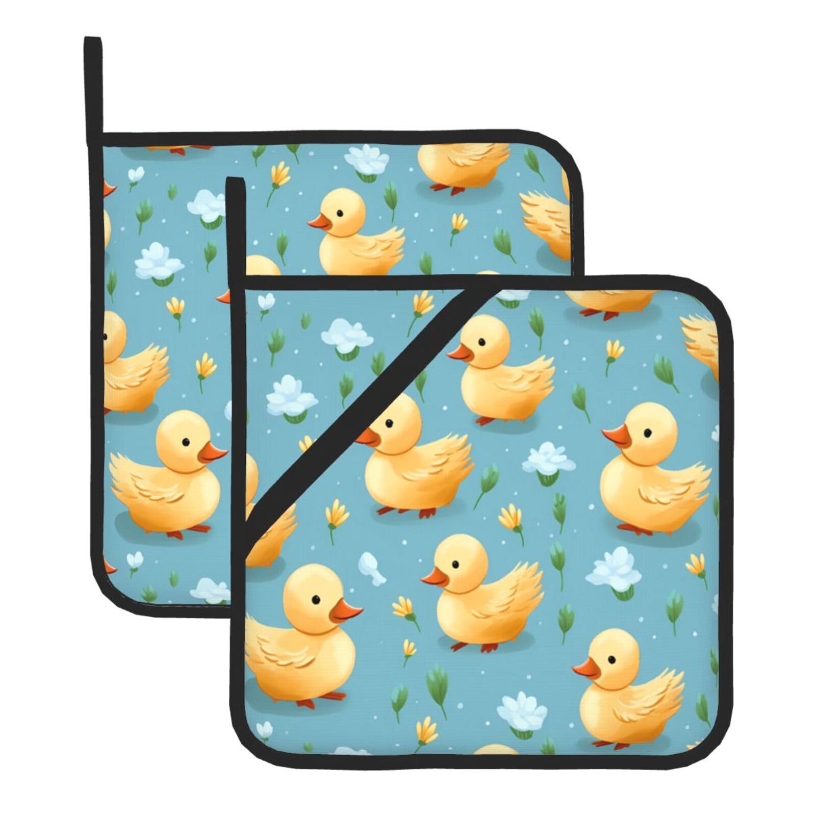 HJFCZH Floral Duck Printed Square Insulated Pot Mat Set (2-Piece) 8x8in Waterproof, Thickened & Easy to Clean with Lanyard Design for Kitchen, Oven & BBQ