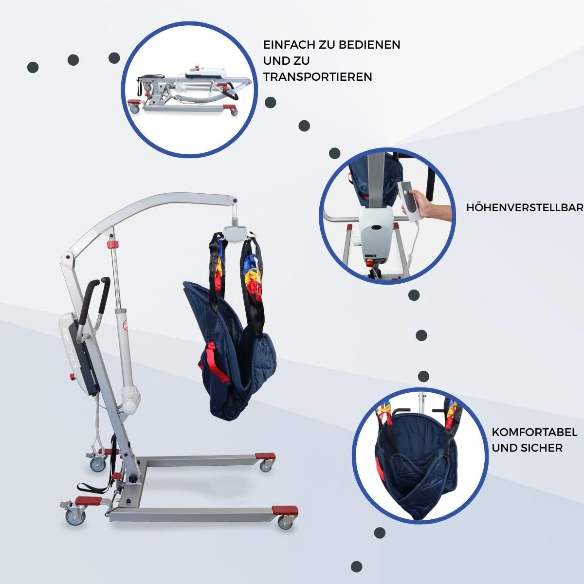 Mobiclinic®, Elektrischer Patientenlifter für Senioren, Faltbar, bis 180 kg, Vormontierter Rahmen, Inklusive Transfergurt, Verstellbare Breite, Räder mit Bremsen, Sicher, Stahl, Fortuna