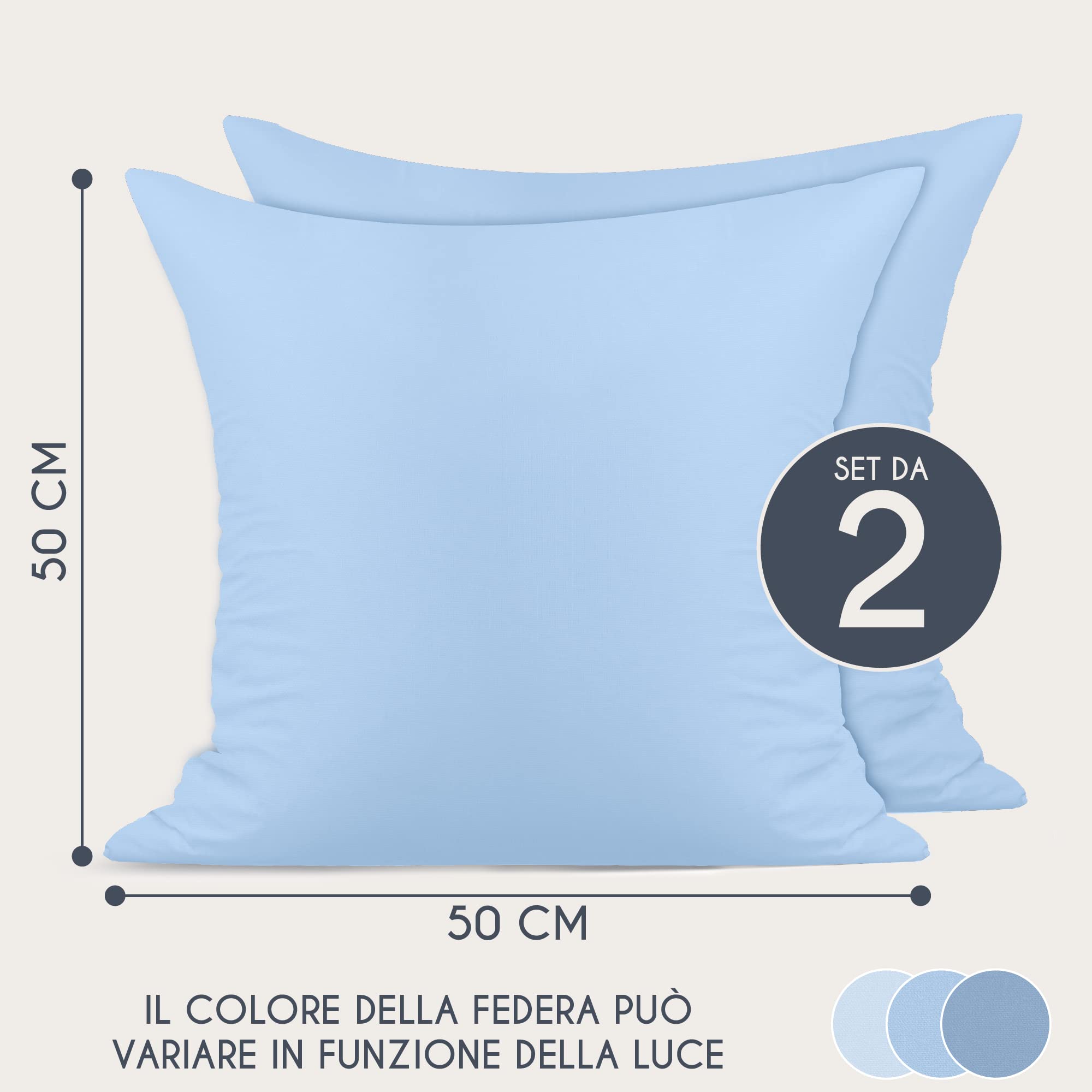 Dreamzie Federe 50x50 Cotone Rinforzato (Set da 2) - Blu Chiaro - Trama Fitta a 57 Fili/cm² - Federe Cuscini 50x50 cm - Federe Cuscino 50x50 Certificate Oeko Tex