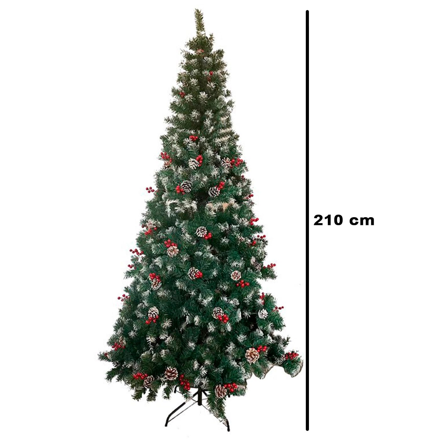 Tradineur - Albero di Natale con pigne e bacche, pino artificiale verde con punte bianche, struttura in plastica e metallo rivestito, robusto e durevole, facile montaggio, 210 cm