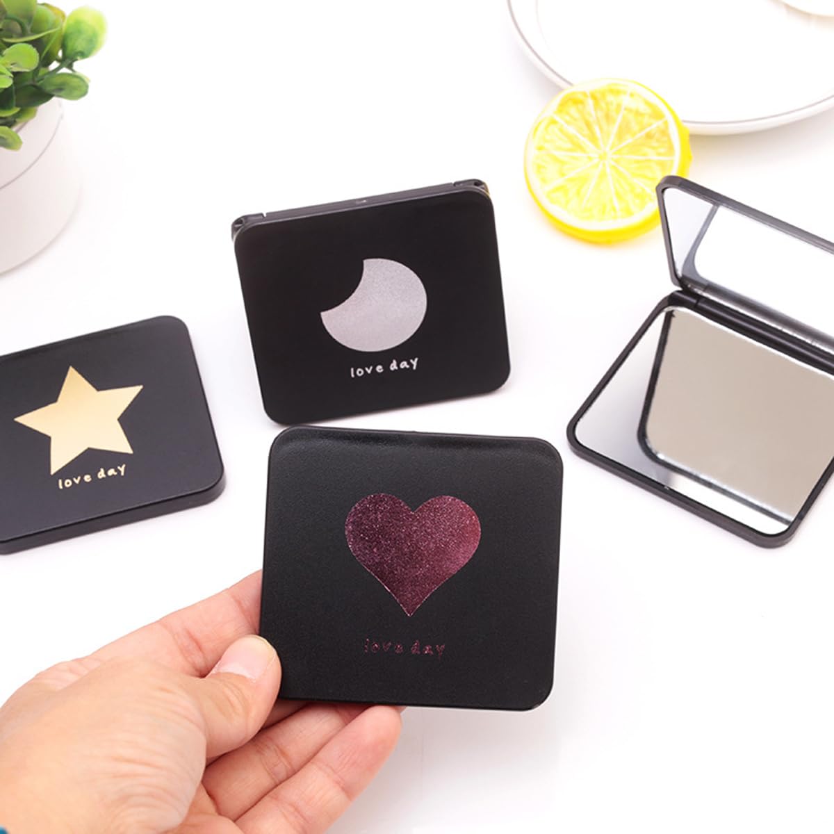 Mockery Acrylonitrile Butadiene Styrene (ABS) Travel Makeup Mirror,Handheld Folding Compact Mirror,Compact Mirror For Purses Travel For Women Girls-Heart Style (Black,1Pcs,Tabletop Mount,Framed) - Image 7 thumbnail