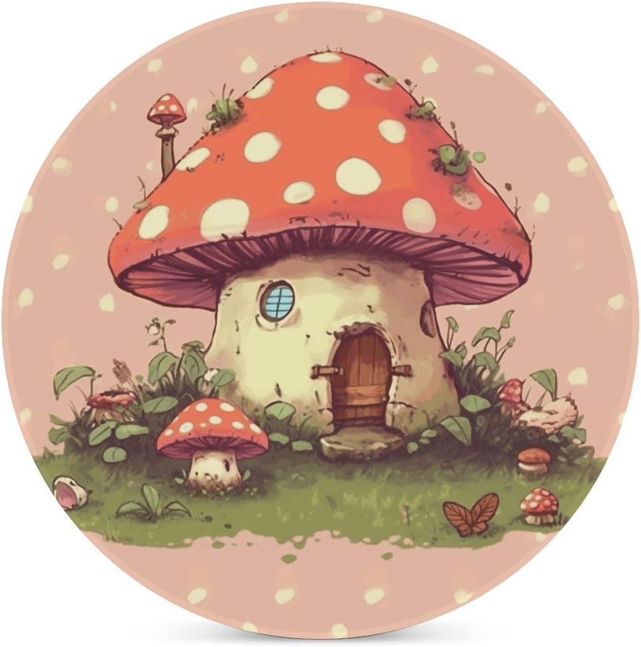 Cute Mushroom House Coasters for Drinks Absorbing Round Ceramic Stone Coaster with Cork Base Coffee Cup Beverage Table Cup Mat Modern Style Bar Coaster Set for Home Decor