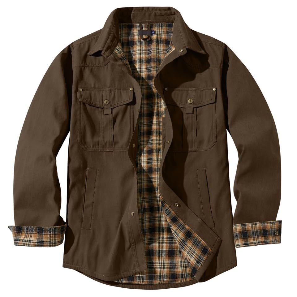 Generic Kurtka designerska dla (Couleur: Ciemny brąz) (ROZMIAR: S) Męska flanelowa koszula polarowa w kratę Płaszcz roboczy w kratę i pikowana kurtka AU