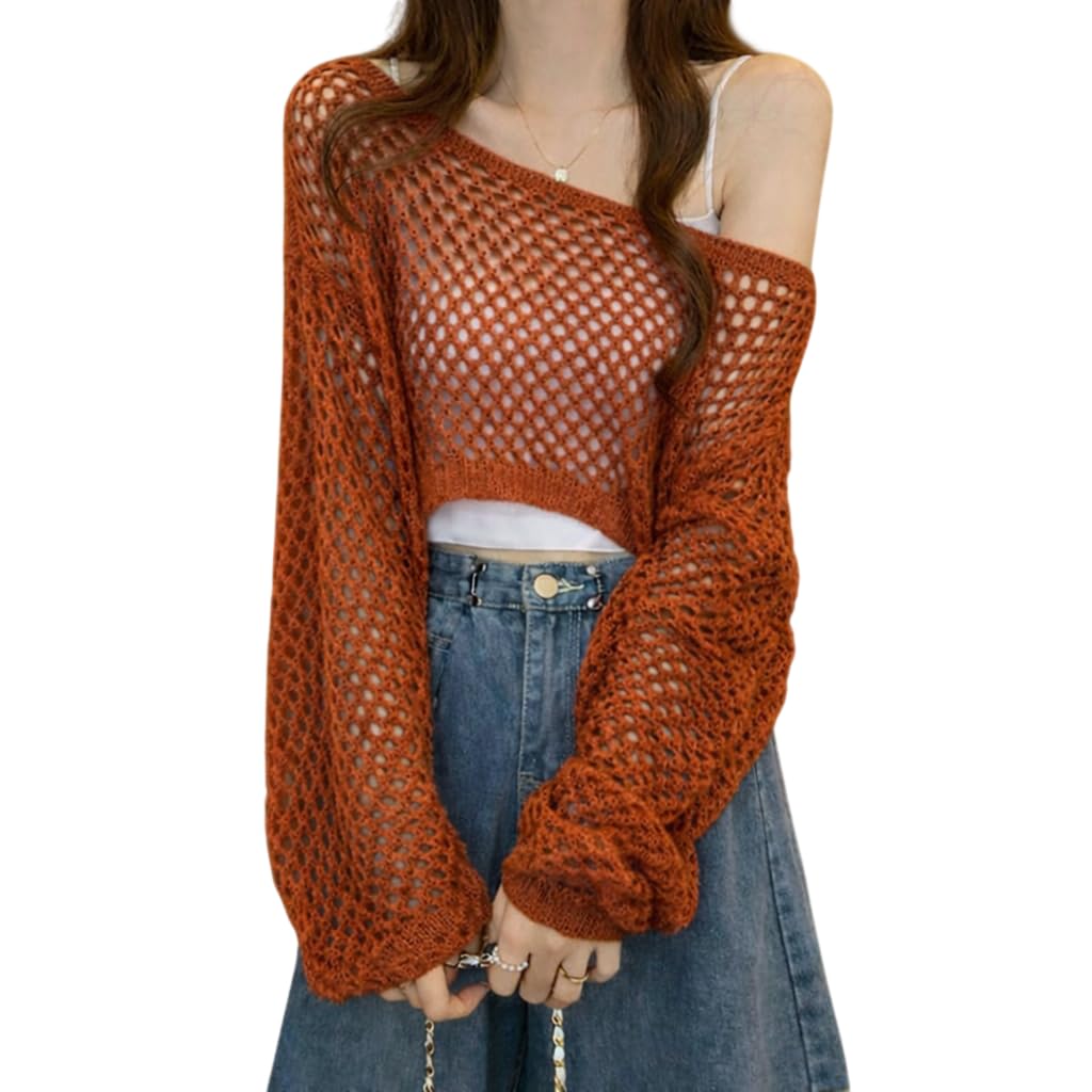 CRAMPLE® Women's Crochet Knit Off-Shoulder Sweater, Long Balloon Sleeve, Mesh Pattern Casual Style Top for Women Without Inner-picture-25