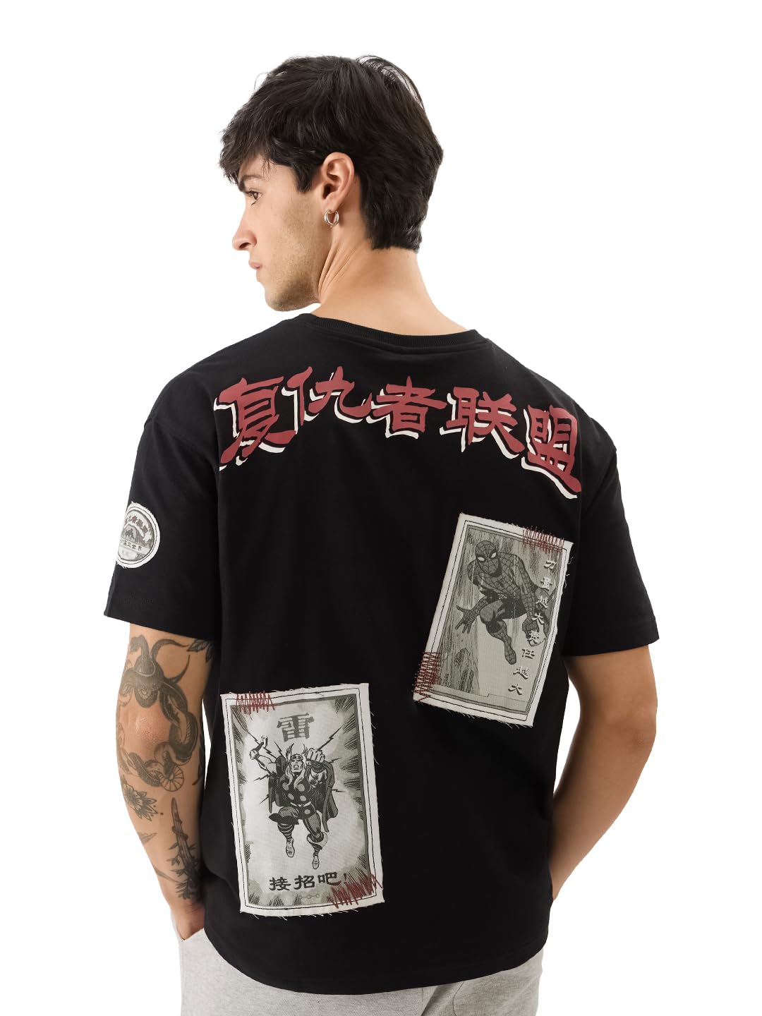 The Souled StoreOfficial Marvel: Comic Cards Men and Boys Short Sleeve Round Neck Black Graphic Printed Cotton Oversized T-Shirts