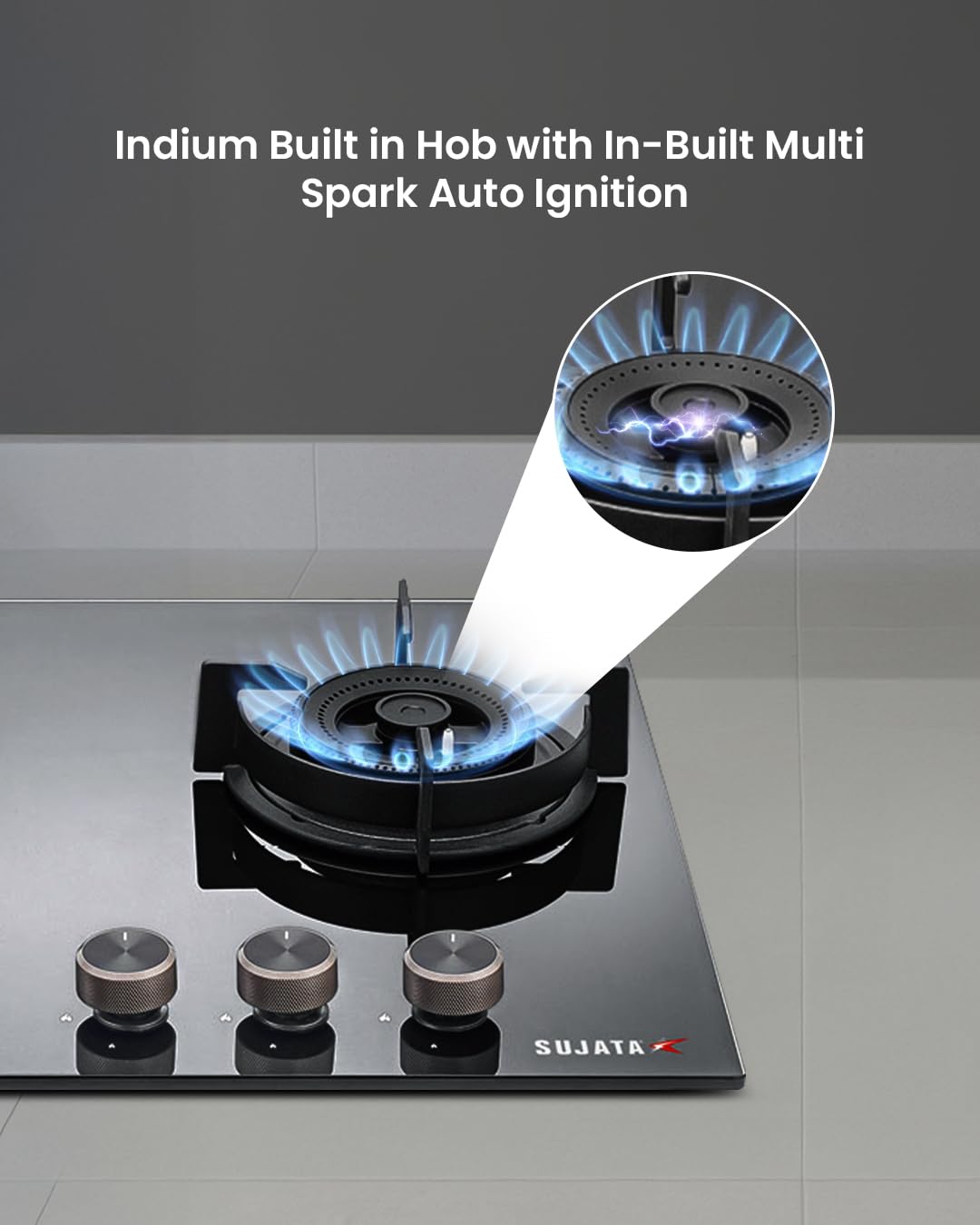 Sujata 3 Burner Gas Stove - Auto Ignition, Glass Top -4