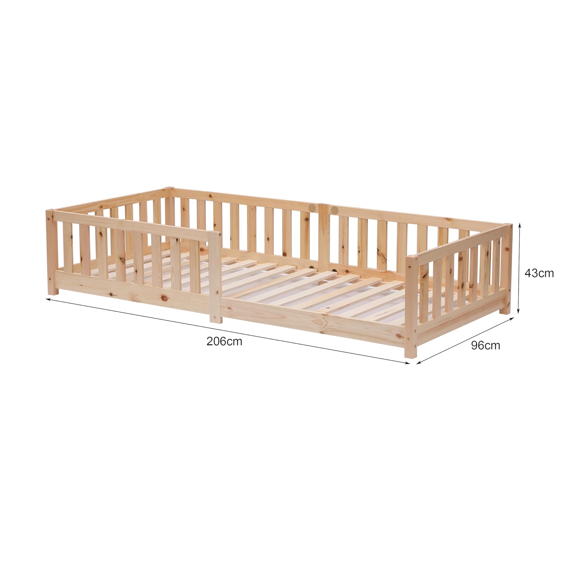 ecomi® Lit enfant 90 x 200 cm / 80 x 160 cm en pin massif avec protection antichute et sommier à lattes, lit Montessori en blanc naturel pour garçons et filles
