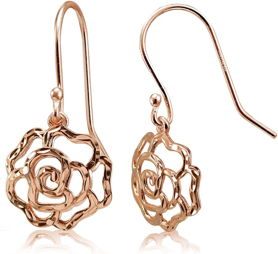 Sterling Silver High Polished Diamond-cut Filigree Rose Flower Dangle Earrings
