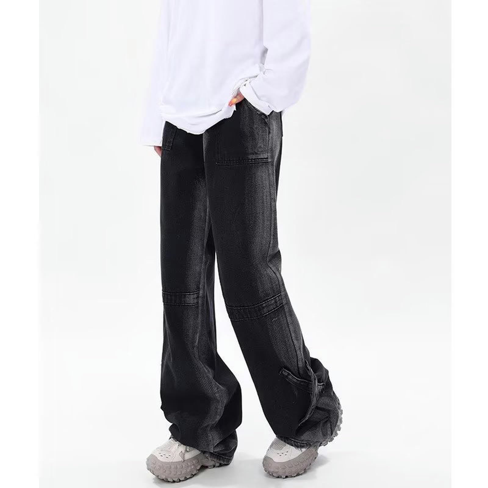 Jeans Neri Pantaloni Larghi Dritti da Uomo Pantaloni Casual da Donna-Nero-XXL