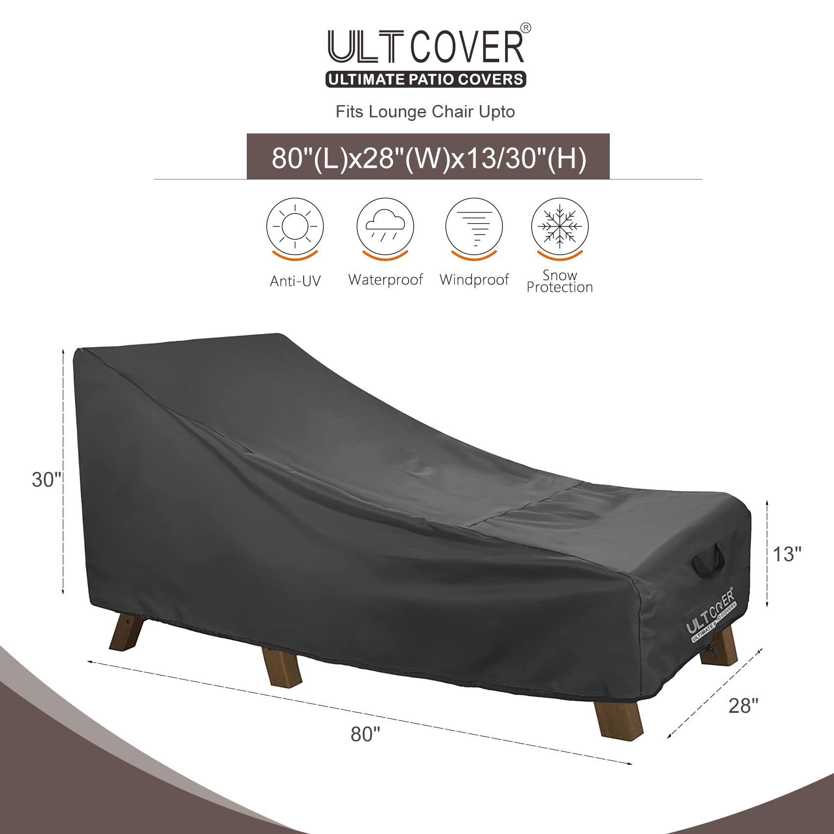 ULTCOVER Waterproof Patio Lounge Chair Cover Heavy Duty Outdoor Chaise Lounge Covers 2 Pack - 80L x 28W x 30H inch, Black