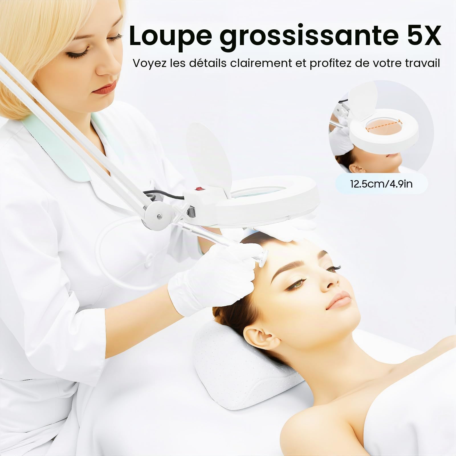 Lampe Loupe LED 5X, Grossissement Cosmétique, sur Pied Trépied, Esthétique
