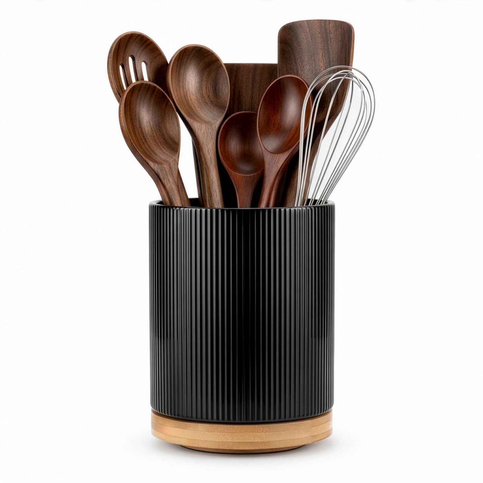 Sunnynest Black Utensil Holder 1Pcs 360° Rotating Utensil Holder, Large Ceramic Kitchen Utensil Holder For Countertop, Deep Utensil Crock Organizer With Weighted Base, Cutlery Caddy For Spoons, Spatulas & Cooking Tools