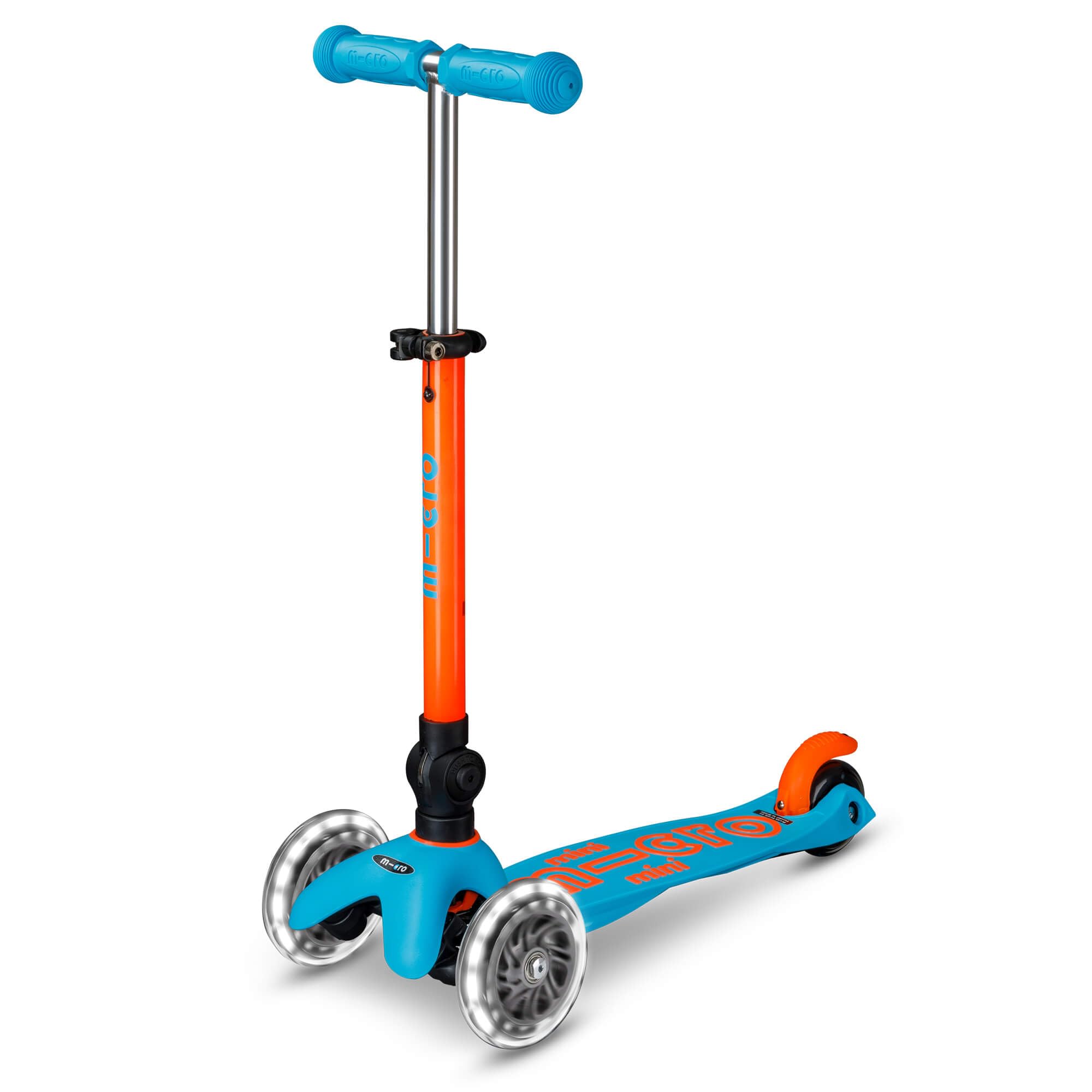 Micro Scooters | Mini Micro Deluxe LED Children's Scooter | Handlebar Adjustable & Foldable | Extra Grippy Deck | Light Up Wheels | Foldable | 2-5yrs | Boys & Girls | Blue/Orange