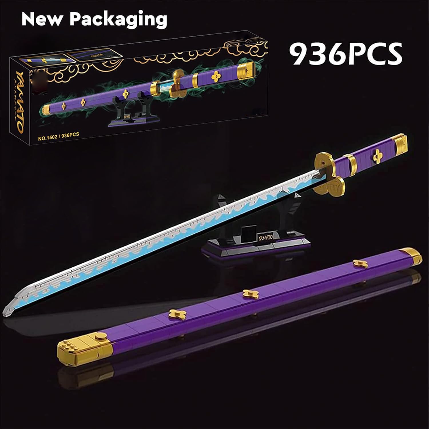 HIGH GODO Anime Cosplay Swords Building Set, 936 Piece One Purple Enma Zoro Sword 38.8IN with Scabbard and Bracket for Adults Teens 14+ (Roronoa Zoro Yamato Sword)