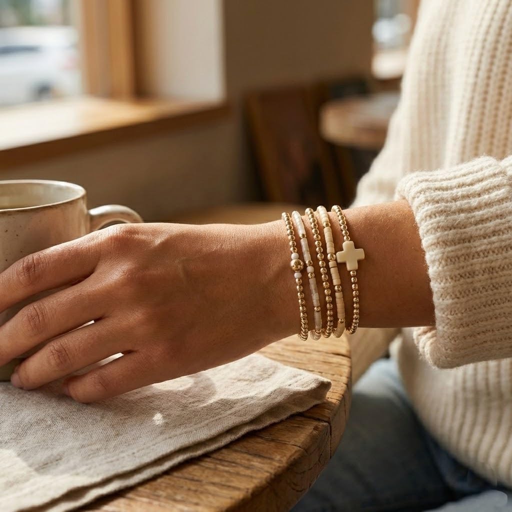 Gold Beaded Cross Bracelet for Women, 14K Plated Adjustable Stackable Dainty Bracelets, Non Tarnish Fashion Jewelry Set Gifts for Women Birthday Friendship - Image 7