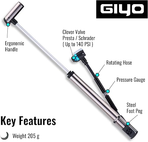 Miniatura 5 de GIYO GM741 - Bomba de bicicleta de alta precisión con medidor  Bomba de piso portátil, duradera y ligera para bicicletas de montaña y carretera, 140