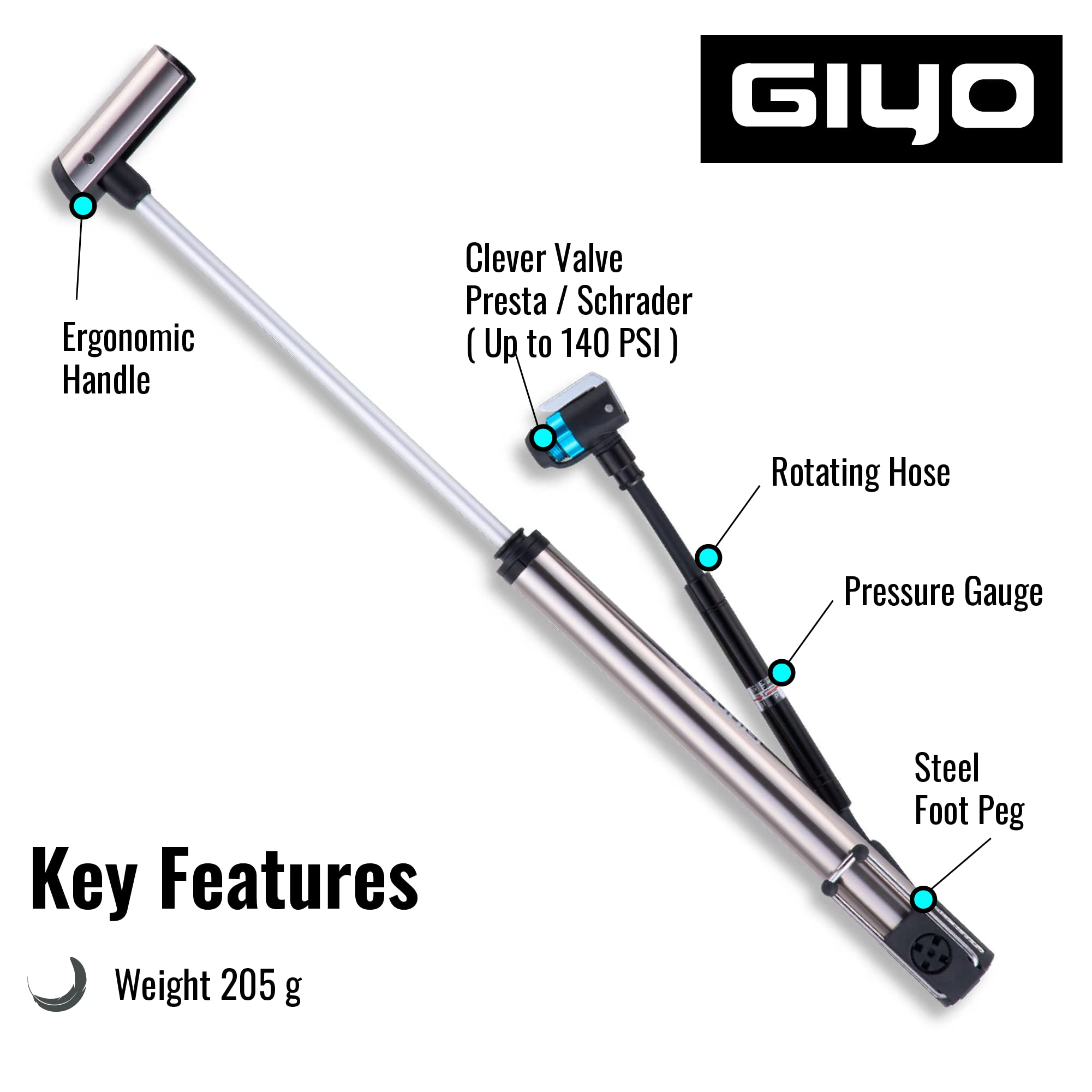 GIYO GM741 Hochpräzise Fahrradpumpe mit Manometer – Tragbare Standpumpe, langlebig & leicht für Mountainbikes & Rennräder, 140 PSI, universelle Ventilkompatibilität